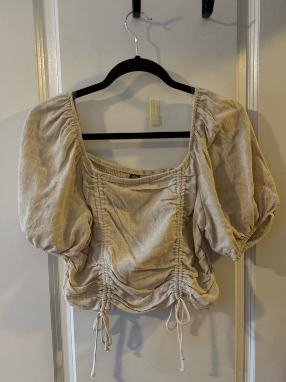 Cream Ruched Puff-Sleeve Top